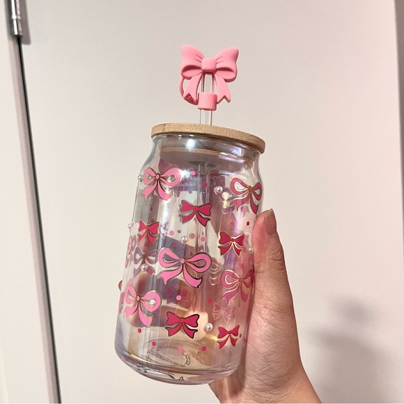 Pink Bows Glass Tumbler Cup with Bow Topper - Picture 2 of 2